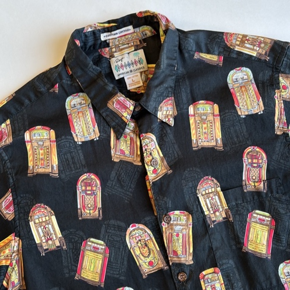 Rare Vintage Reyn Spooner Black Juke Box Egyptian Cotton Button Shirt Mens Large